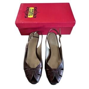 Vaneli Brisk Dark Tortoise Patent Slingback Peep-Toe Cork Wedge Heels 8.5 M